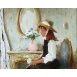 SAMUEL EDMOND OPPENHEIM (American 1901-1992) Girl Wearing Hat Holding a Flower Oil on canvas Signed