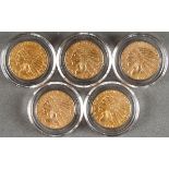 FIVE U.S. $5 INDIAN GOLD PIECES. Comprising a 1908-D, 1910, 1913, 1914-D and a 1915 in XF to AU.