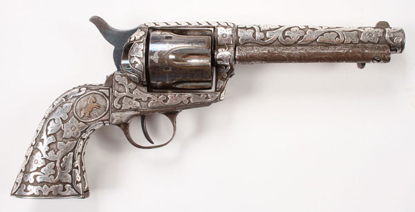 A SILVER OVERLAY AND ENGRAVED COLT SINGLE ACTION ARMY REVOLVER. The barrel, frame and grips