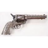 A SILVER OVERLAY AND ENGRAVED COLT SINGLE ACTION ARMY REVOLVER. The barrel, frame and grips