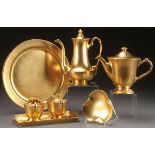 A SEVEN PIECE SET OF PICKARD GOLD ETCHED TABLE SETTING. Comprising a coffee pot, teapot, cream,