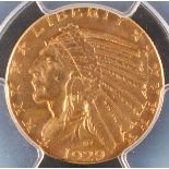 A RARE 1929 $5 INDIAN GOLD HALF EAGLE. PCGS AU55. IMPORTANT NOTICE: Sadly, due to the widespread