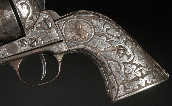 A SILVER OVERLAY AND ENGRAVED COLT SINGLE ACTION ARMY REVOLVER. The barrel, frame and grips - Image 4 of 7