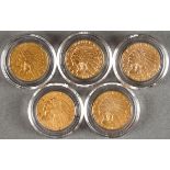 FIVE U.S. $5 INDIAN GOLD PIECES. Comprising a 1908-D, 1908-S, 1910-S, 1912 and 1913. IMPORTANT