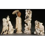 FOUR JAPANESE CARVED IVORY OKIMONOS, MEIJI PERIOD. Each fully carved in the round depicting a