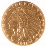 A 1911-D $2.5 INDIAN GOLD QUARTER EAGLE. NGC AU55, “Strong D”. IMPORTANT NOTICE: Sadly, due to the