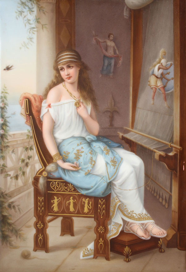 A VERY FINE KPM HAND PAINTED PORCELAIN PLAQUE, CIRCA 1900. "Captive", depicting a seated classical