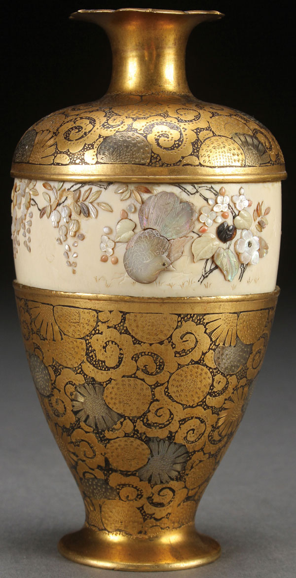 A VERY FINE JAPANESE SHIBAYAMA IVORY AND MIXED METAL CABINET VASE, MEIJI PERIOD. The circular ivory