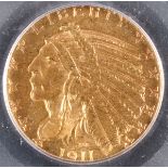 A 1911-S $5 INDIAN GOLD HALF EAGLE. PCGS MS62, From the “Rive d’Or Collection”. IMPORTANT NOTICE: