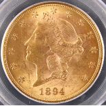 AN 1894 $20 LIBERTY HEAD GOLD DOUBLE EAGLE. PCGS MS61. IMPORTANT NOTICE: Sadly, due to the