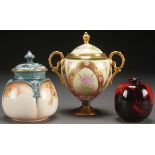 A PICKARD, ROYAL DOULTON AND HADLEY PORCELAIN GROUP. Comprising a small Royal Doulton flambé