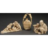 A GROUP OF THREE JAPANESE CARVED IVORY OKIMONOS, EDO-MEIJI PERIOD (19TH CENTURY). Comprising an