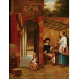 Follower of PIETER DE HOOCH (Dutch 1629-1684) Dutch Courtyard Scene Oil on cradled wood panel Signed