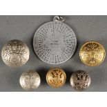 AN INTERESTING GROUP OF IMPERIAL RUSSIAN UNIFORM BUTTONS, CIRCA 1915 AND MORE. Comprising five