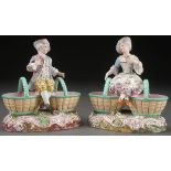 A PAIR OF VERY FINE LIMOGES FIGURAL POSEY VASES IN THE MEISSEN STYLE, THIRD QUARTER 19TH CENTURY.