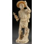 A LARGE JAPANESE CARVED IVORY OKIMONO OF A JOYFUL TRAVELER, MEIJI PERIOD. Fully carved in the round