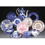 A 13 PIECE GROUP OF MOSTLY ENGLISH STAFFORDSHIRE FLOW BLUE AND TRANSFERWARE, 19TH CENTURY.