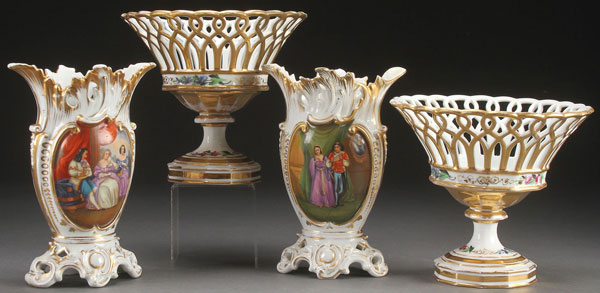 A FOUR PIECE GROUP OF OLD PARIS DECORATED PORCELAIN, MID 19TH CENTURY. Comprising a pair of