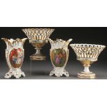 A FOUR PIECE GROUP OF OLD PARIS DECORATED PORCELAIN, MID 19TH CENTURY. Comprising a pair of