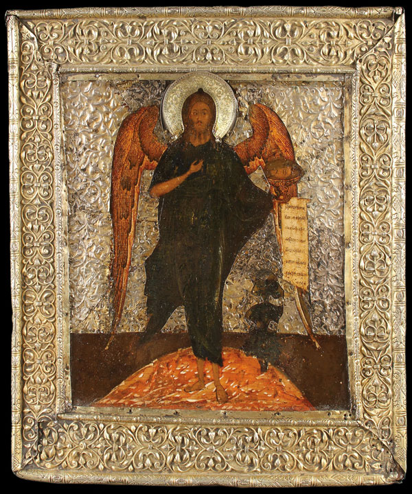 A FINE RUSSIAN ICON OF ST. JOHN THE FORERUNNER, 17TH CENTURY. Here John is depicted as an angel in