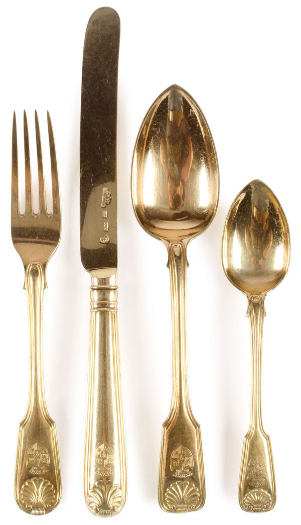 A RUSSIAN GILDED SILVER FLATWARE SET, SERVICE FOR 12, NICHOLLS & PLINCKE, ST. PETERSBURG, CIRCA - Image 2 of 4