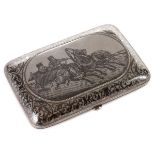 A RUSSIAN SILVER GILT AND NIELLOED CIGARETTE CASE, MOSCOW, 1895. Of rectangular form, with rounded