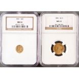 TWO U.S. LIBERTY HEAD GOLD PIECES. Each NGC certified, comprising a 1851 MS62 and 1855 MS63.