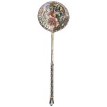 A LARGE RUSSIAN SILVER GILT AND SHADED ENAMEL SERVING SPOON, 6TH ARTEL, MOSCOW, 1908-1917. The