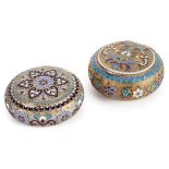 A PAIR OF RUSSIAN SILVER GILT AND CLOISONNÉ ENAMEL PILL BOXES, MOSCOW, CIRCA 1890. Both with hinged