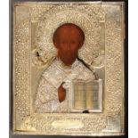 A FINE RUSSIAN ICON OF ST. NICHOLAS, MOSCOW, DATED 1879. Traditionally painted, Nicholas delivers a