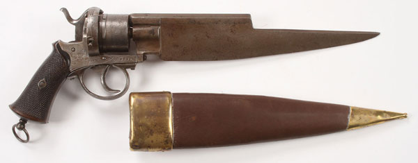 A DUMONTHIER PINFIRE REVOLVER WITH DAGGER, LATE 19TH CENTURY. 8mm cal., part octagonal barrel and