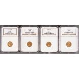 FOUR U.S. $2.50 INDIAN GOLD PIECES. Each NGC certified, comprising a 1911 MS61, 1912 AU58, 1915
