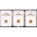 THREE U.S. $2.50 INDIAN GOLD PIECES. Each NGC certified, comprising a 1926 AU58, 1928 MS61 and 1929