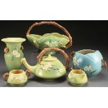 A COLLECTION OF ROSEVILLE “APPLE BLOSSOM” ART POTTERY, CIRCA 1948. Six pieces comprising two vases,