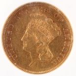 AN 1855 $3 INDIAN PRINCESS GOLD PIECE. NGC AU53. IMPORTANT NOTICE: Sadly, due to the widespread