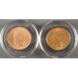 TWO 1909-D U.S. $10 INDIAN GOLD PIECES. Comprising a “no motto”(XF), and a “motto” (AU), one