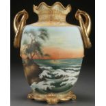 A LARGE HAND PAINTED NIPPON SCENIC DECORATED VASE, EARLY 20TH CENTURY. With scrolled ring handles