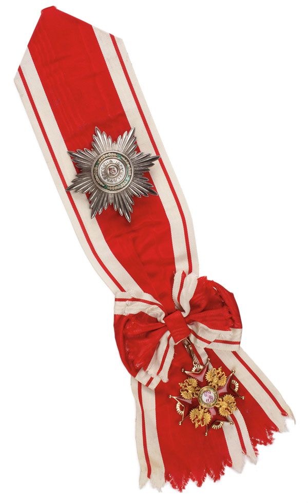 A SCARCE IMPERIAL RUSSIAN GOLD AND ENAMEL CROSS, STAR AND SASH OF THE ORDER OF ST. STANISLAS, 1st