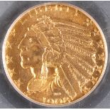 TWO CERTIFIED $5 INDIAN GOLD HALF EAGLES. Comprising a 1908 PCGS MS63, and a 1909-D PCGS MS63.