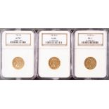 THREE U.S. $5 INDIAN GOLD PIECES. Each NGC certified, comprising a 1909-D AU58, 1909 AU58 and 1914