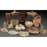 A FIFTEEN PIECE COLLECTION OF CHINESE CARVED SOAPSTONE ORNAMENTS AND CONTAINERS, 20TH CENTURY.