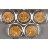FIVE $5 INDIAN GOLD HALF EAGLES. Comprising a 1909, 1910, two 1911s and a 1912, in AU. IMPORTANT