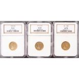 THREE U.S. $5 INDIAN GOLD PIECES. Comprising a 1911-S, NGC AU58, a 1912-S, NGC AU58 and a 1915-S,