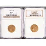 TWO $5 INDIAN GOLD HALF EAGLES. Comprising a 1908-D, NGC MS62 and a 1914-D, NGC AU58. IMPORTANT