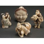 FOUR FINE JAPANESE CARVED IVORY NETSUKES, MEIJI PERIOD. Each well carved depicting a Geisha with