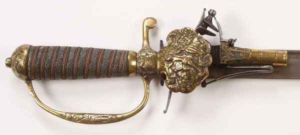 A VERY FINE GERMAN FLINTLOCK SWORD PISTOL, 18TH CENTURY. The small sword style hilt with scenic - Image 2 of 2