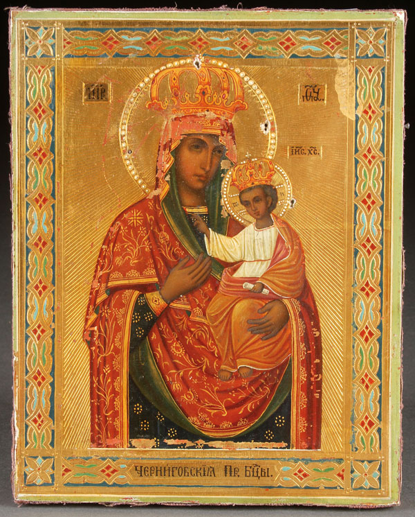 A RUSSIAN ICON OF THE CHERNIGOVSKAYA MOTHER OF GOD, CIRCA 1900. Finely painted on an incised gilt - Image 2 of 4