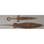 A MEDIEVAL DAGGER AND LIKELY LATER PIKE BLADE. Comprising an early hand wrought dagger with a