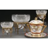 A HAND PAINTED PORCELAIN AND CUT GLASS DECORATIVE GROUP, CIRCA 1900. Comprising a Sevres style hand