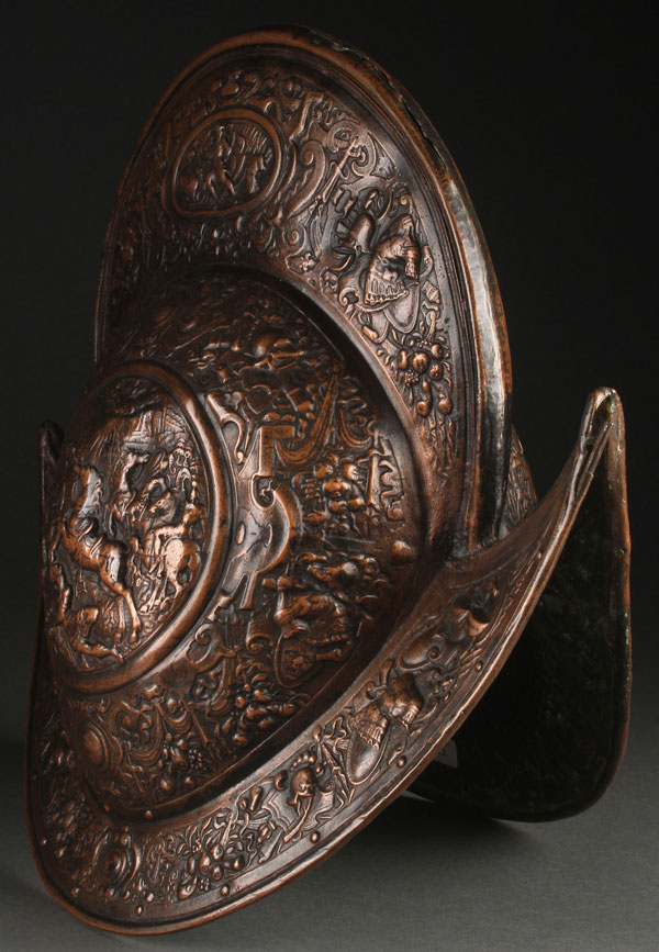 AN ELABORATE 16TH CENTURY STYLE REPOUSSÉ MORION HELMET. The central seam with very high comb and - Image 7 of 7